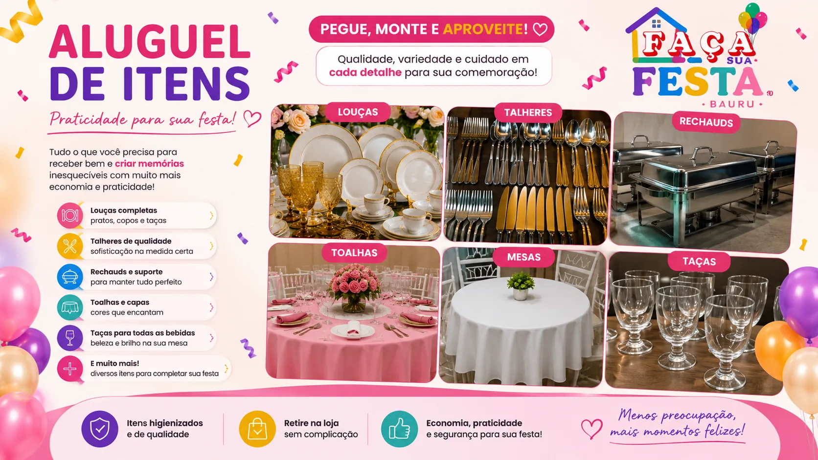 Aluguel de louças, talheres, rechauds, toalhas, mesas e taças